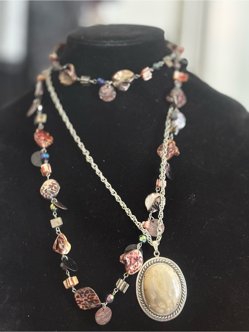 Two Piece Multi-Colored Shell and Stone Pendant Necklace - Women Jewelry